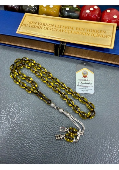 Tesbih Hanesi Ateş Kehribar Tesbih Harfli Kişiye Özel Seri Sıkma Kehribar Tesbih Usta Işi Tesbih Gümüş Kaplama Sarı