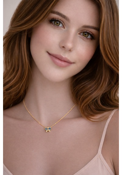Minimal Gold Renk Mavi Taşlı Kelebek Kolye