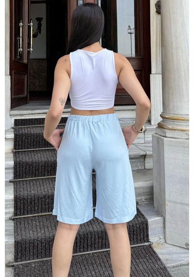 WeShaya Kadın Bebe Mavi Duble Paça, Beli Lastikli Terletmez, Cepli, Salaş Kapri Şort Bebe Mavi