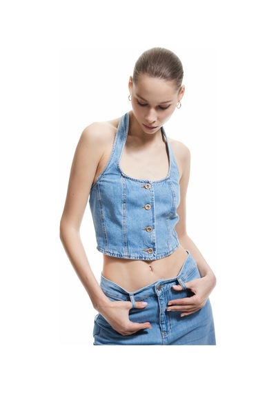 Koton Halter Yaka Düğmeli Dar Kesim Kolsuz Crop Denim Üst Açık İndigo 5sal30002md Açık Indigo Koton Halter Yaka Düğmeli Dar Kesim Kolsuz Crop Denim Üst Açık İndigo 5sal30002md Açık Indigo
