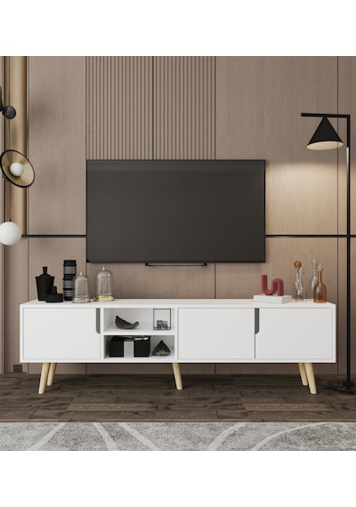 Latina Ahşap Ayaklı Tv Ünitesi Tv Sehpası 180 Cm Beyaz Beyaz