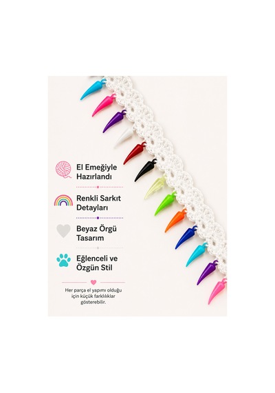 El Örgüsü Kedi Tasması Beyaz Renkli Sarkıtlı El Yapımı Örgü Kedi Boyun Aksesuarı