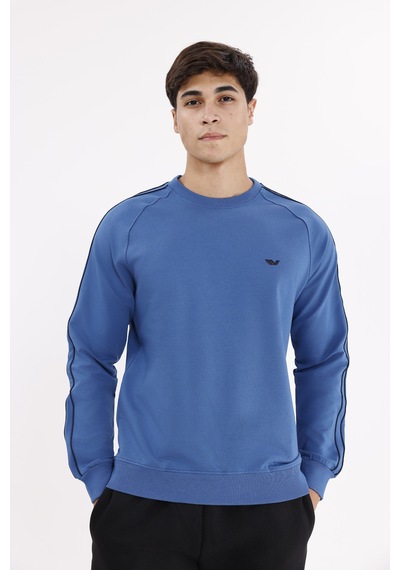 Rowinger Çift Şeritli Raglan Kol Minimal Logolu Bisiklet Yaka Sweatshirt İndigo