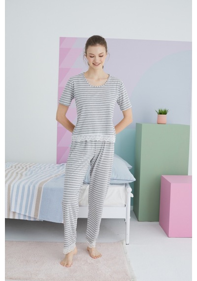 Siyah İnci Pamuklu Örme Pijama Takım 24113126 Gri