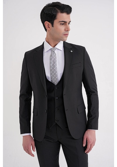 Efor Slim Fit Çift Yırtmaç Çizgili Esnek Yünlü Siyah Yelekli Klasik Takım Elbise Tk 935 Siyah Efor Slim Fit Çift Yırtmaç Çizgili Esnek Yünlü Siyah Yelekli Klasik Takım Elbise Tk 935 Siyah