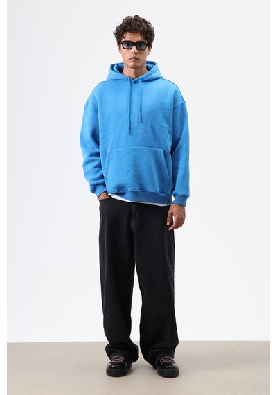 Vamos Basic Oversize Yıkamalı Hoodie Turkuaz