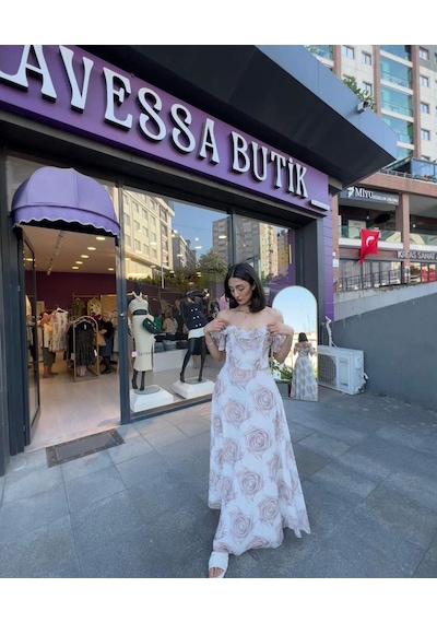 Şerit Geçişli Şifon Elbise - Beyaz-189