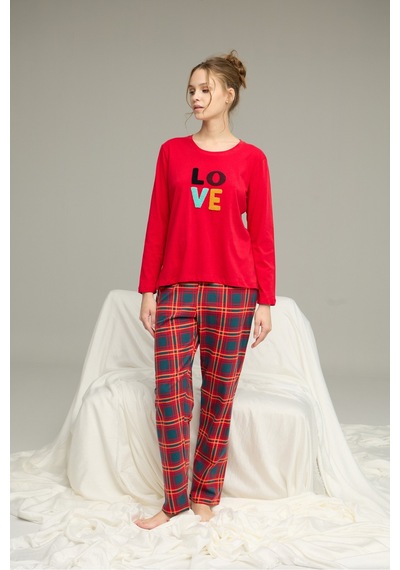 Siyah İnci Pamuklu Bisiklet Yaka Örme Pijama Takım25241124 Kırmızı