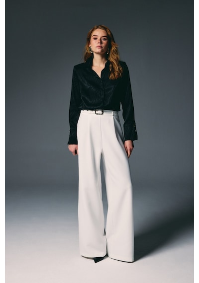 Sateen Kemerli Bol Pantolon - Ekru-136822 Ekru