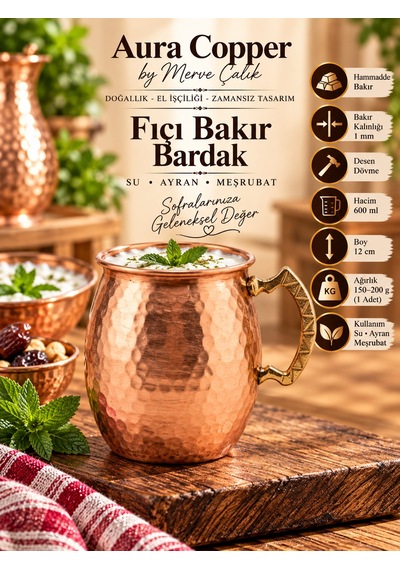 Fıçı Bakır Bardak Dövme Kulplu Ayran Su Meşrubat Bardağı Bakır - Gold