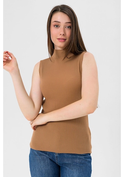 Miss Poem Kadın Boğazlı Balıkçı Yaka Kolsuz Basic Camel Triko Bluz Camel