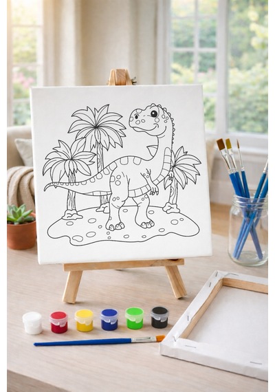 Çocuk Tuval Boyama Seti Neşeli Dino Adası Şövale Dahil