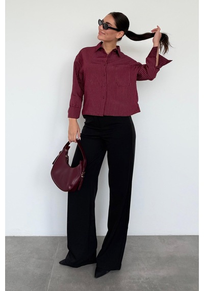 Madmext Bordo Çizgili Oversize Kadın Gömlek Mg2093 Bordo