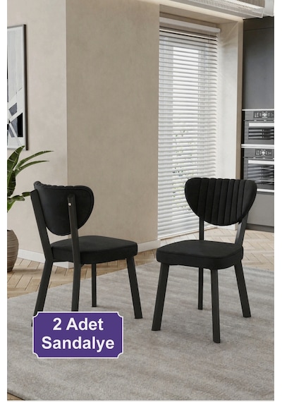 2 Adet Elma Sandalye Baby Face Kumaş Metal Iskelet Mutfak Yemek Masası Sandalyesi Siyah