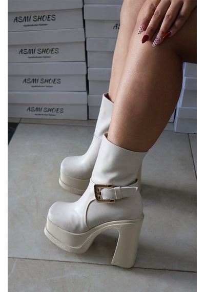 Asmi Shoes Kadın Dona Krem Tokalı 12 Cm Platform Topuklu Bot 2030