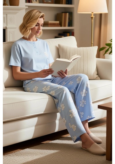 Benerly Kadın Bisiklet Yaka Kısa Kollu Regular Kalıp Çiçekli Pijama Takım mavi