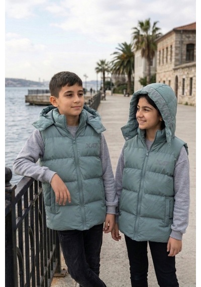 Pina Kids Unisex Çıtçıt Kapüşonlu Baskılı Şişme Yelek Mint Yeşili