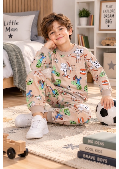 New Kids Erkek Çocuk Takım 2 İplik Şardonlu Mevsimlik Kollar Ve Paça Maşentli Detaylı Tmt Baskılı Çocuk Takım -91268 Kahverengi