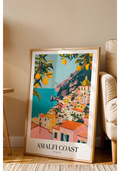 Amalfi Coast Italy Vintage Seyahat Posteri Çerçeveli Tablo - Premium Akdeniz Temalı Duvar Dekoru Kayın