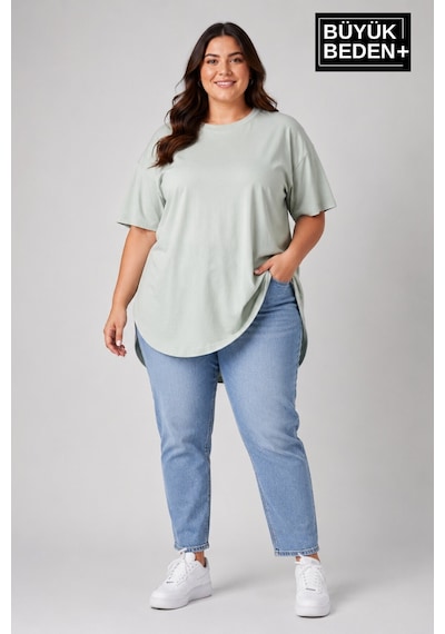 Superlife Büyük Beden Kadın Bisiklet Yaka Basic Oval Etek Detalylı 3xl-6xl Uzun Tunik Spr26btsk502 Yeşil
