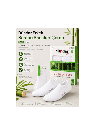 Dündar Çorap 12 Li Erkek Bambu Sneaker 4 Mevsim Nefes Alan Yumuşak Spor Ayakkabı Çorabı Beyaz