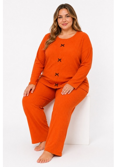 Sleeproom Büyük Beden Kadın Kaşkorse Mevsimlik Turuncu Pijama Takımı