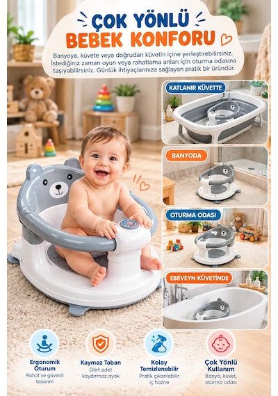 Baby Home Cooki Önden Açılır Banyo Mama Oturağı Güvenli Kullanım Ve Rahat Oturma Alanı Gri