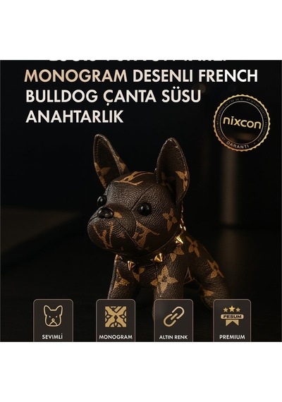 Nixcon Louis Vuitton Tarzı Monogram Desenli French Bulldog Çanta Süsü Anahtarlık Kahverengi - Altın