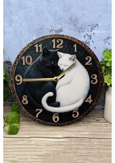 Siyah Ve Beyaz Kedi Figürlü Mdf Duvar Saati Çift Katmanlı Sessiz Mekanizmalı 33 Cm Sdw033 Renkli