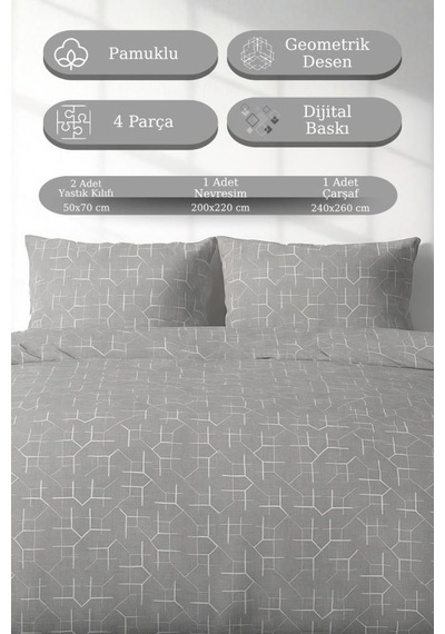 4 Parça Çift Kişilik Nevresim Takımı Dijital Baskı Carel Model Gri