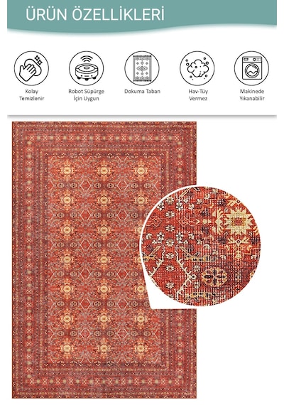 Relic Kırmızı Vintage Dokulu Geleneksel Desenli Dokuma Tabanlı Şönil Halı Al 474 Kırmızı