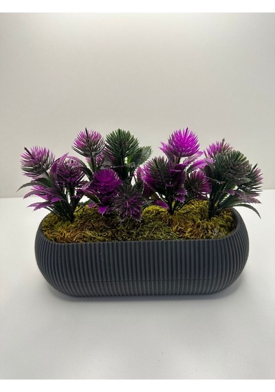 Uzun Gri Saksıda Yapay Çiçek Yeşil Iğneli Çam Demeti Dekoratif Mutfak Banyo Masa Çiçeği 21x9x7 Cm - Fuşya