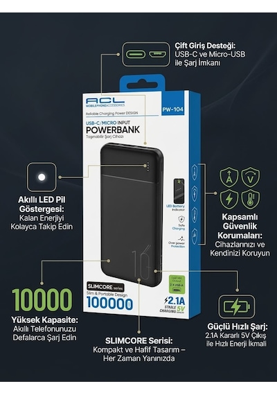 10000 Mah Hızlı Şarj Destekli Akıllı Led Göstergeli İnce Powerbank - Bayi Depom