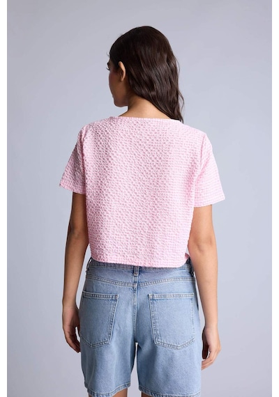 Defacto Regular Fıt V Yaka Kırışık Dokulu Kumaş Kısa Kollu Pembe Bluz F1009ax26smpn583 Pembe-pn583