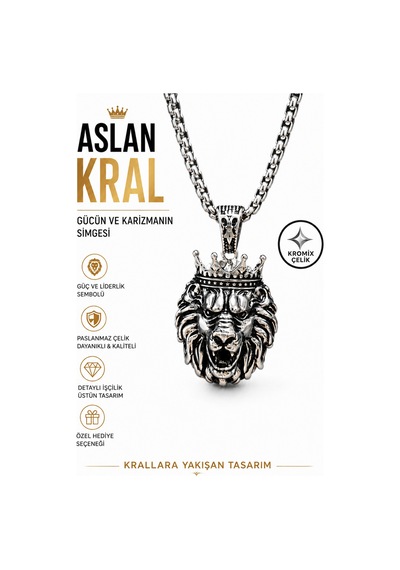 Gümüş Kaplama K-106 Paslanmaz Kromix Öfkeli Aslan Kral Erkek Kolye Madalyon Beyaz