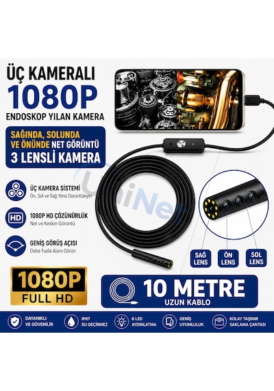 Uninet Türkiyede Ilk 10 Metre 3 Kameralı Android Ve Bilgisayar Uyumlu Endoskop Yılan Kamera 1080p Full Hd