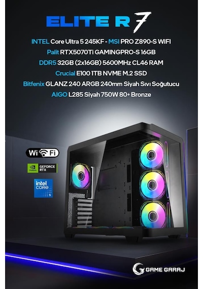 Game Garaj ELITE-R7 Ultra 5 245KF RTX5070Ti 32 GB 1 TB SSD Free Dos Oem Paket Masaüstü Oyuncu Bilgisayarı