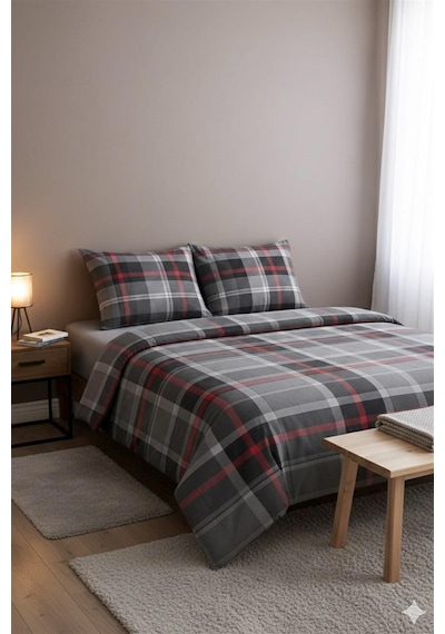 More Home Tek Kişilik Yorgan Kılıfı + Yastık Kılıfı Ekose Desen Gri Kırmızı Çizgili Çok Renkli