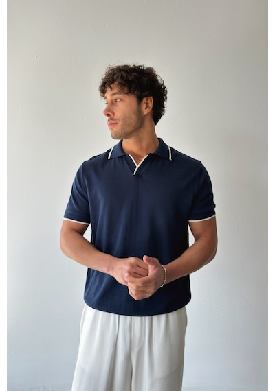 Flaw Polo Yaka Biyeli Triko Tişört-29003 Lacivert