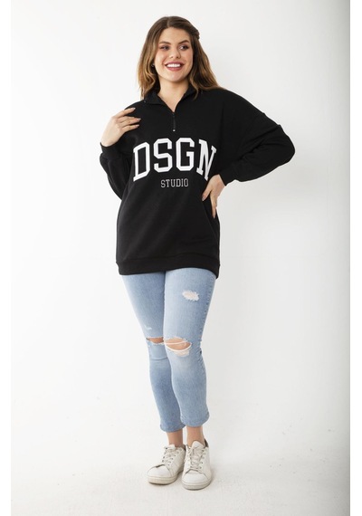 Şans Kadın Büyük Beden Siyah İçi Şardonlu Ön Pat Fermuarlı Nakışlı Sweatshirt 65n37207-siyah Siyah