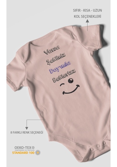 Varsa Şekliniz Dayımla Bekleriz Baskılı Bebek Zıbını Çıtçıtlı Body %100 Pamuk Kısa Kol Pastel Pembe