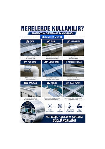 96 Mm X 2 Metre Alüminyum Sızdırmaz Tamir Bandı Su Geçirmez Güçlü Yapışkan Çatı Oluk Boru Pencere İz