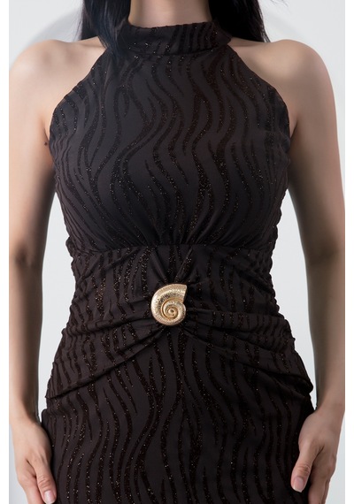 Kalopya Halter Yaka Beli Tokalı Bağlamalı Elbise Grs4023 Kahve