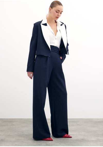 Sateen Bel Detaylı Cepli Pantolon - Lacivert-133701 Lacivert