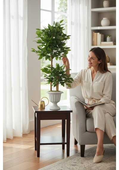 Yapay Çiçek Nergiz Saksıda Benjamin Salon Ağacı Yeşil Bitkisi Bambu Gövdeli Dolgun 145-105 Cm Yeşil