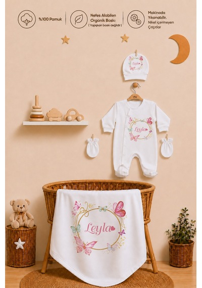 Pia Baby İsme Özel %100 Pamuk Kız Bebek Yastık Battaniyeli Tulum Set Kese Hediyeli 1077tybkyx Krem