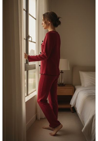 Fantezia Night Kadın Bordo Fiyonklu İç Çamaşırı Ve Uzun Kollu V Yaka Pijama Takımı 4'lü Set