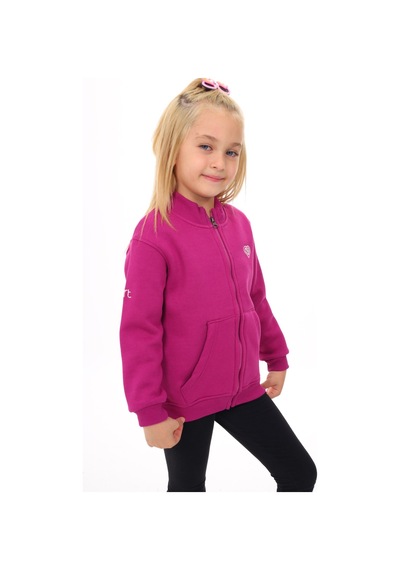Toontoy Kız Çocuk Dik Yaka Fermuarlı Cepli Nakış Baskılı Örme Hırka - 2 İplik Şardonlu Mürdüm