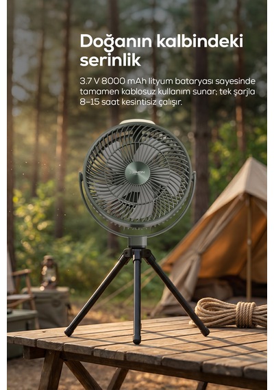 Taşınabilir Kamp Vantilatörü 8000 Mah, Bataryalı, Tripodlu, Işıklı, Sessiz X7434-yeşil