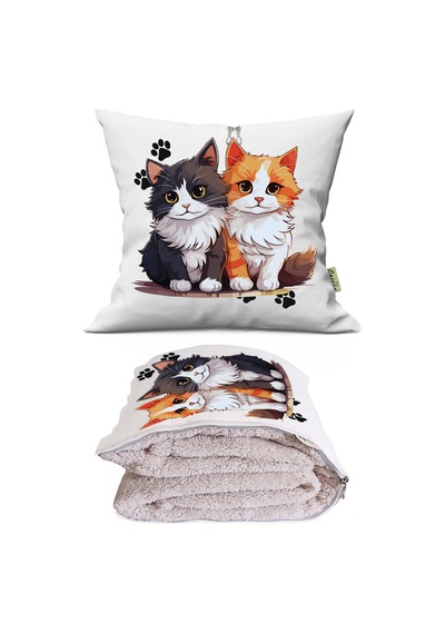 Kedi Çift Baskılı Dekoratif Yastık Kırlent Opsiyonel Battaniye 2 İn 1 Çok Renkli